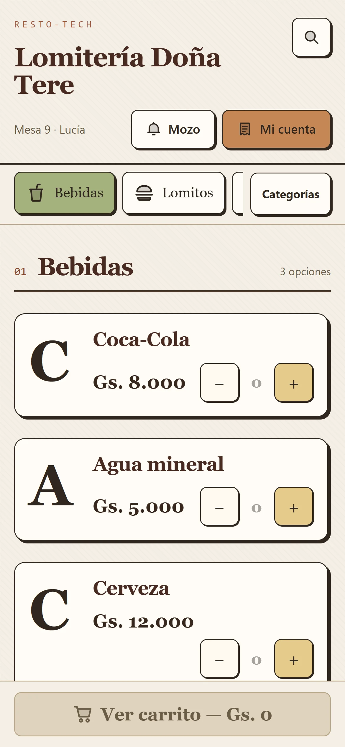 Menú y pedido desde el celular